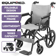Folding Transit Wheelchair, Lightweight Aluminium for Easy Transport, Grey
