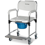 Commode Shower Chair, Over Toilet or Bedside 136kg Capacity Aluminium frame with Wheels, White/Blue