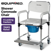 Commode Shower Chair, Over Toilet or Bedside 136kg Capacity Aluminium frame with Wheels, White/Blue