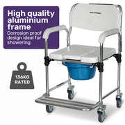 Commode Shower Chair, Over Toilet or Bedside 136kg Capacity Aluminium frame with Wheels, White/Blue