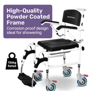 Commode Shower Chair, Over Toilet or Bedside 136kg Capacity Aluminium frame with Wheels, Black