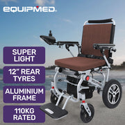 Ultra-Light Power Wheelchair, Tight Turning Electric Motorised Wheel Chair, Folding, ARTG Certified, Aluminium Frame, Lithium Battery, Brown