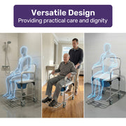 Commode Shower Chair, Over Toilet or Bedside 136kg Capacity Aluminium frame with Wheels, White/Blue