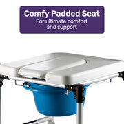 Commode Shower Chair, Over Toilet or Bedside 136kg Capacity Aluminium frame with Wheels, White/Blue