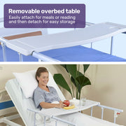 EQUIPMED Electric 8 Function Medical Bed , w/ Mattress & Over Bed Table, Adjustable Back and Leg Lifting, Lateral Tilting, Commode Bowl, IV Pole