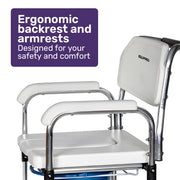 Commode Shower Chair, Over Toilet or Bedside 136kg Capacity Aluminium frame with Wheels, White/Blue