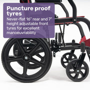 Folding Transit Wheelchair, Lightweight Aluminium for Easy Transport, Crimson Red
