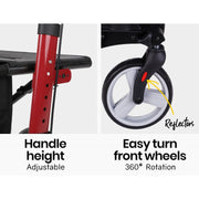 Foldable Aluminium Walking Frame Rollator with Bag and Seat, Red