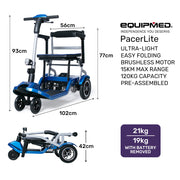 Ultra-Lightweight Folding Electric Mobility Scooter, 19kg with Battery Removed, 120kg Capacity, Long Range, Brushless Motor, Portable, Blue