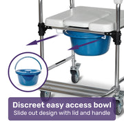 Commode Shower Chair, Over Toilet or Bedside 136kg Capacity Aluminium frame with Wheels, White/Blue