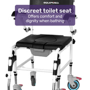 Commode Shower Chair, Over Toilet or Bedside 136kg Capacity Aluminium frame with Wheels, Black