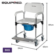 Commode Shower Chair, Over Toilet or Bedside 136kg Capacity Aluminium frame with Wheels, White/Blue