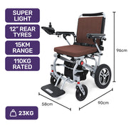 Ultra-Light Power Wheelchair, Tight Turning Electric Motorised Wheel Chair, Folding, ARTG Certified, Aluminium Frame, Lithium Battery, Brown