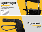 Foldable Aluminium Walking Frame Rollator with Bag and Seat Black