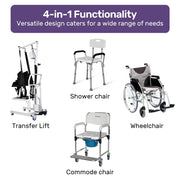 4in1 Patient Lift Transfer Chair, Manual Height Adjustment, Shower Compatible, Over Toilet, Removable Commode, for Seniors Elderly Disabled