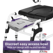 Commode Shower Chair, Over Toilet or Bedside 136kg Capacity Aluminium frame with Wheels, Black