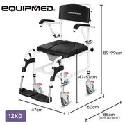 Commode Shower Chair, Over Toilet or Bedside 136kg Capacity Aluminium frame with Wheels, Black