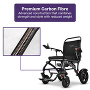 EQUIPMED C2X Carbon Fibre Ultra-Lightweight Electric Wheelchair, Extra Wide Seat, 130kg Capacity, 25km Range, 20.5kg Battery Removed, Suspension, Foldable