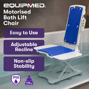 EQUIPMED Motorised Bath Lift Chair, Electric Battery Operated Reclining Seat, Bathing for Elderly & Disabled, 136kg Capacity, Blue