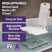 EQUIPMED Motorised Bath Lift Chair, Electric Battery Operated Reclining Seat, Bathing Aid for Elderly & Disabled, 136kg Capacity, White
