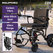 EQUIPMED C2X Carbon Fibre Ultra-Lightweight Electric Wheelchair, Extra Wide Seat, 130kg Capacity, 25km Range, 20.5kg Battery Removed, Suspension, Foldable