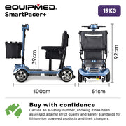 EQUIPMED SmartPacer+ Ultra-Lightweight Mobility Scooter, Li-ion Battery, Foldable, Airline Approved, 120kg Capacity, Blue