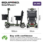 EQUIPMED SmartPacer+ Ultra-Lightweight Mobility Scooter, Li-ion Battery, Foldable, Airline Approved, 120kg Capacity, Green