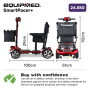 EQUIPMED SmartPacer+ Ultra-Lightweight Mobility Scooter, Li-ion Battery, Only 19kg, Foldable, Airline Approved, 120kg Capacity, Red