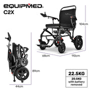 EQUIPMED C2X Carbon Fibre Ultra-Lightweight Electric Wheelchair, Extra Wide Seat, 130kg Capacity, 25km Range, 20.5kg Battery Removed, Suspension, Foldable