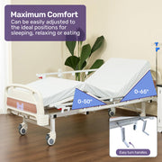 EQUIPMED 4 Function Medical Bed, w/ Mattress & Over Bed Table, Easy Manual Adjustable Back and Leg Incline, IV Pole