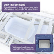 EQUIPMED 7 Function Medical Bed, w/ Mattress & Over Bed Table, Adjustable Back and Leg Lifting, Lateral Tilting, Commode Bowl, IV Pole