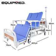 EQUIPMED 7 Function Medical Bed, w/ Mattress & Over Bed Table, Adjustable Back and Leg Lifting, Lateral Tilting, Commode Bowl, IV Pole
