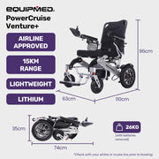 Power Electric Wheelchair, Airline Approved Wheel Chair, Lightweight, Long Range, Lithium Batteries, Black & Silver