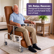 EQUIPMED Deluxe Mobile Geriatric Recliner Day Chair, Adjustable and Removable Meal Tray, Drop Down Armrests, 3 Heights, Leg Rest, Waterproof Leatherette