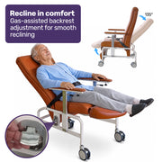 EQUIPMED Deluxe Mobile Geriatric Recliner Day Chair, Adjustable and Removable Meal Tray, Drop Down Armrests, 3 Heights, Leg Rest, Waterproof Leatherette