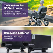 Power Electric Wheelchair, Airline Approved Wheel Chair, Lightweight, Long Range, Lithium Batteries, Black & Silver