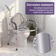 EQUIPMED Foldable Over Toilet Aid, Night Commode, Splash Guard, Commode Pail, Padded Armrests, 7 Adj. Heights, Non-Slip Feet, 136kg Rated