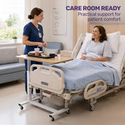 EQUIPMED Overbed Table with Gas Lift, 15kg Load, Steel Frame, 78-107cm Adjustable Height, Lockable Castors, Home Care Use