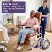 EQUIPMED Deluxe Mobile Geriatric Recliner Day Chair, Adjustable and Removable Meal Tray, Drop Down Armrests, 3 Heights, Leg Rest, Waterproof Leatherette