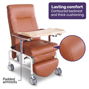 EQUIPMED Deluxe Mobile Geriatric Recliner Day Chair, Adjustable and Removable Meal Tray, Drop Down Armrests, 3 Heights, Leg Rest, Waterproof Leatherette