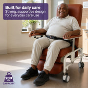 EQUIPMED Deluxe Mobile Geriatric Recliner Day Chair, Adjustable and Removable Meal Tray, Drop Down Armrests, 3 Heights, Leg Rest, Waterproof Leatherette