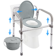 PRE-ORDER EQUIPMED Over Toilet Foldable Safety Frame Aid, Soft Armrests, Sturdy Rails, Seat with Lid, Commode Pail Bucket, Adjustable Height, Non-Slip Feet, 136kg Rated