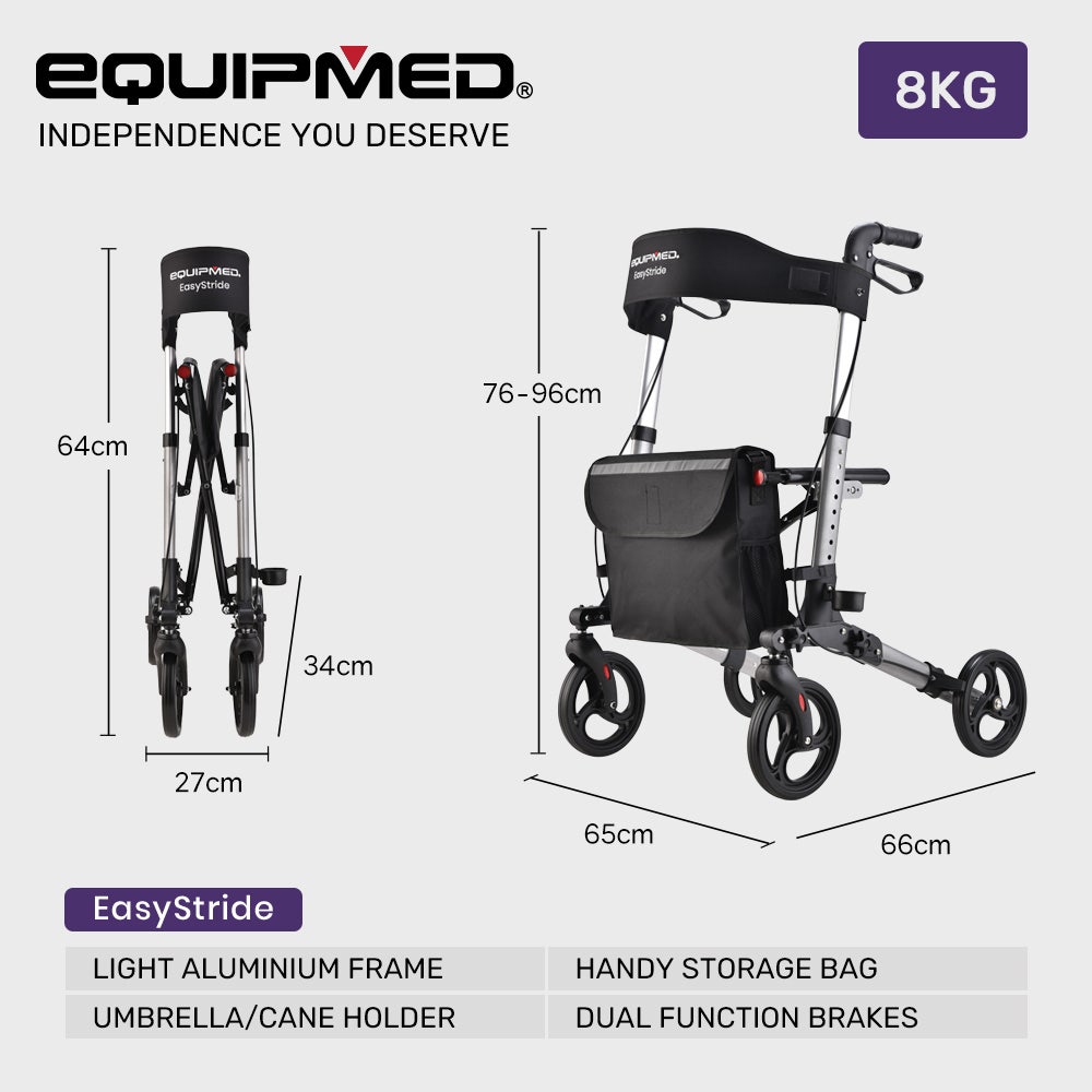 Quick Move Rollater EasyStride Quick-Fold Aluminium Rollator - Silver – Equipmed