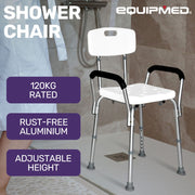 EQUIPMED Shower Chair Bath Seat, 120kg Capacity, with Arms, Adjustable Height, for Elderly, White