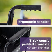 Folding Transit Manual Wheelchair, Attendant Propelled, Steel Frame, Wide Seat, Comfortable for S-XL, 114kg Capacity, Park Brakes, Transport