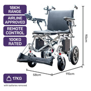 Power Electric Wheelchair, Airline Approved Wheelchair, Extra Lightweight, Long Range, Lithium Batteries, Silver
