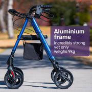 4 Wheel Lightweight Rollator Walker, Aluminium Frame, Seat, Carry Bag, for Seniors, Blue