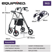 4 Wheel Lightweight Rollator Walker, Aluminium Frame, Seat, Carry Bag, for Seniors, Titanium Style