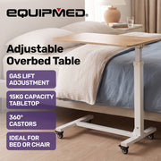EQUIPMED Overbed Table with Gas Lift, 15kg Load, Steel Frame, 78-107cm Adjustable Height, Lockable Castors, Home Care Use