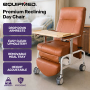 EQUIPMED Deluxe Mobile Geriatric Recliner Day Chair, Adjustable and Removable Meal Tray, Drop Down Armrests, 3 Heights, Leg Rest, Waterproof Leatherette